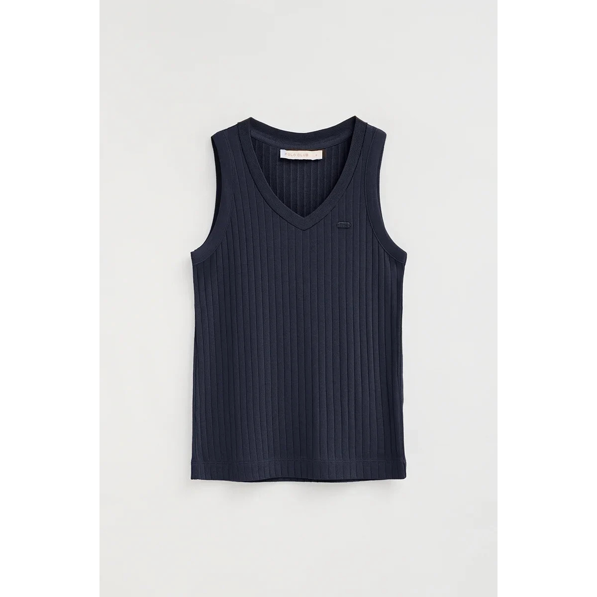 Camiseta sin mangas azul marino de canalé y escote de pico con logo Polo Club