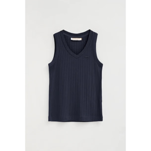 Camiseta sin mangas azul marino de canalé y escote de pico con logo Polo Club