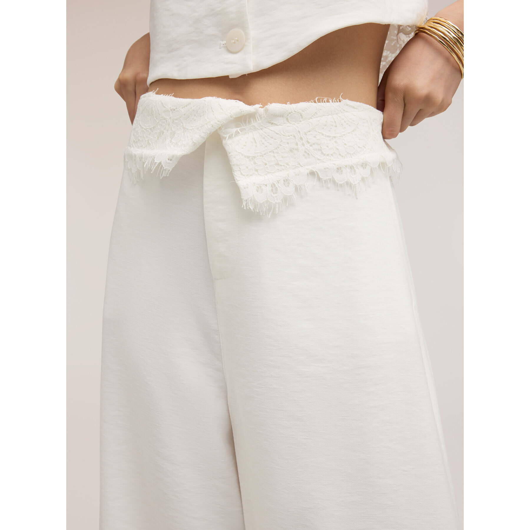 Motivi - Pantalones palazzo con detalle de encaje - Blanco