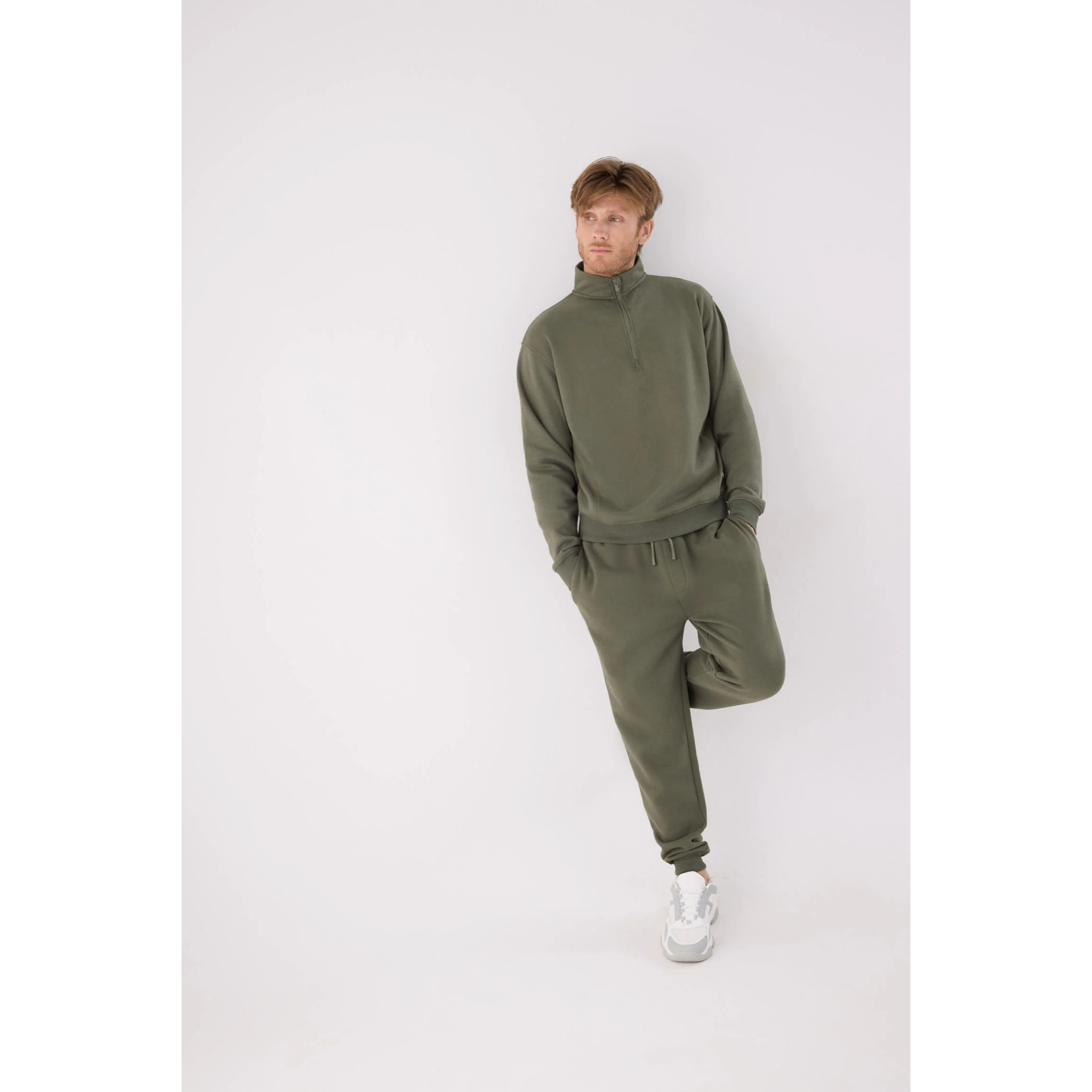 Sudadera deportiva hombre afelpada semi cremallera verde botella