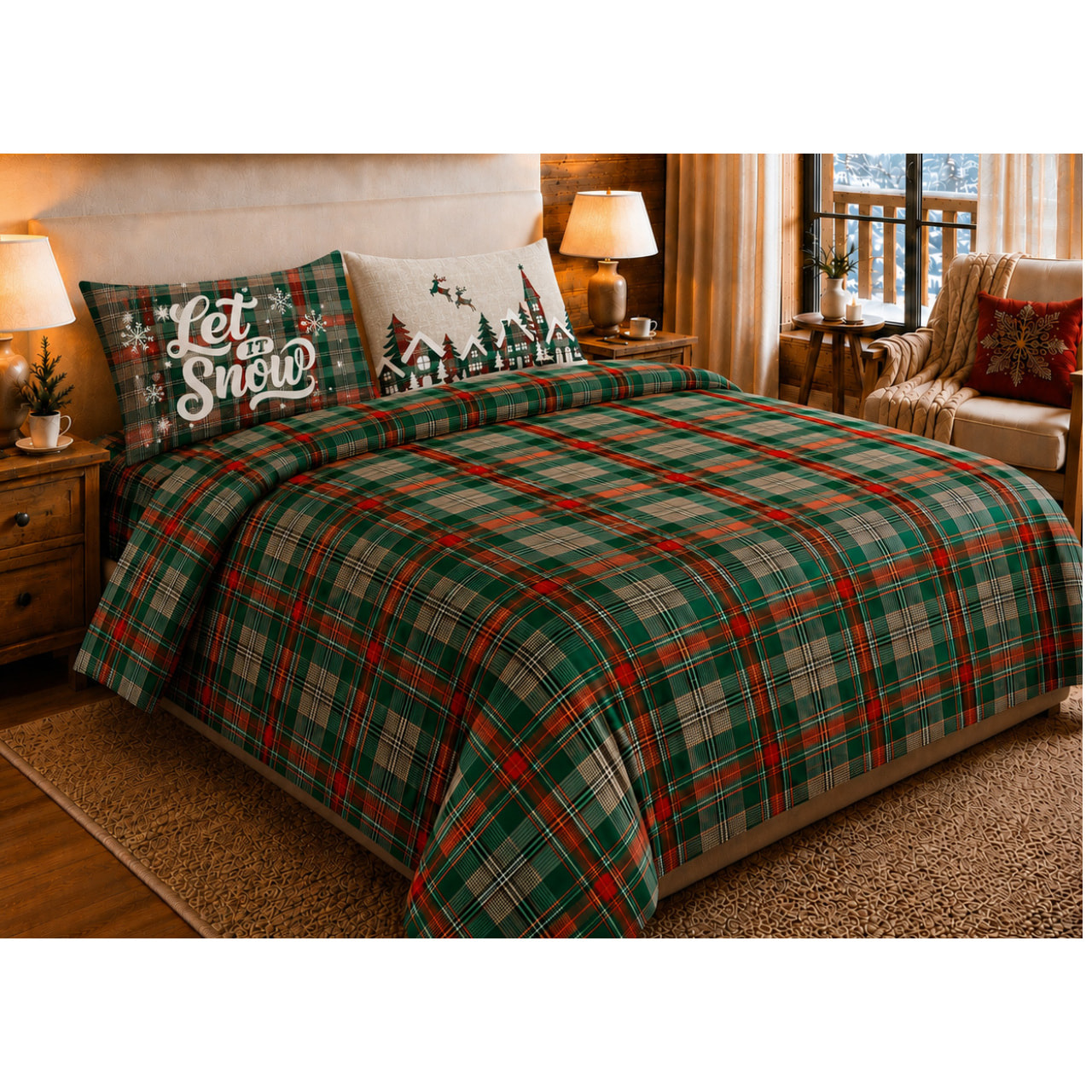 Parure Copripiumino Sacco e Federe in Morbida e Calda Flanella 100% Cotone Fantasia Tartan Verde Disegno Snow