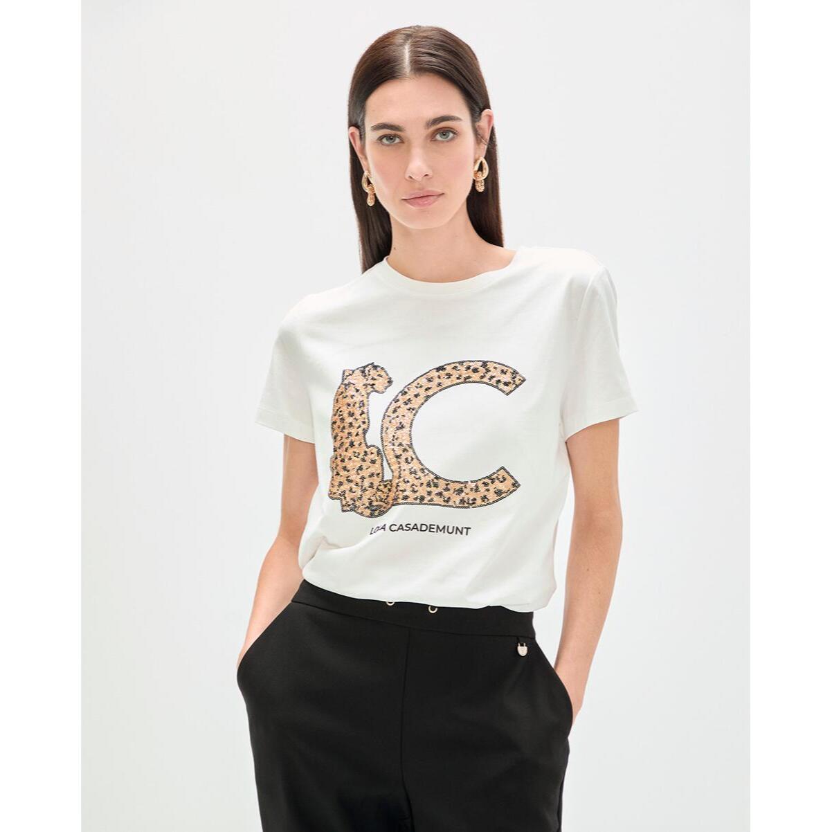 T-shirt bianca con stampa animalier con logo LC