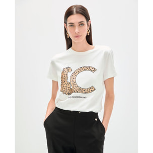 T-shirt bianca con stampa animalier con logo LC