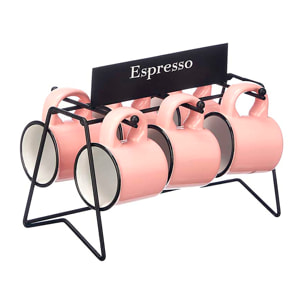 Set di 6 tazze rosa in porcellana per caffè con supporto in metallo. Capacità di 100 ml.