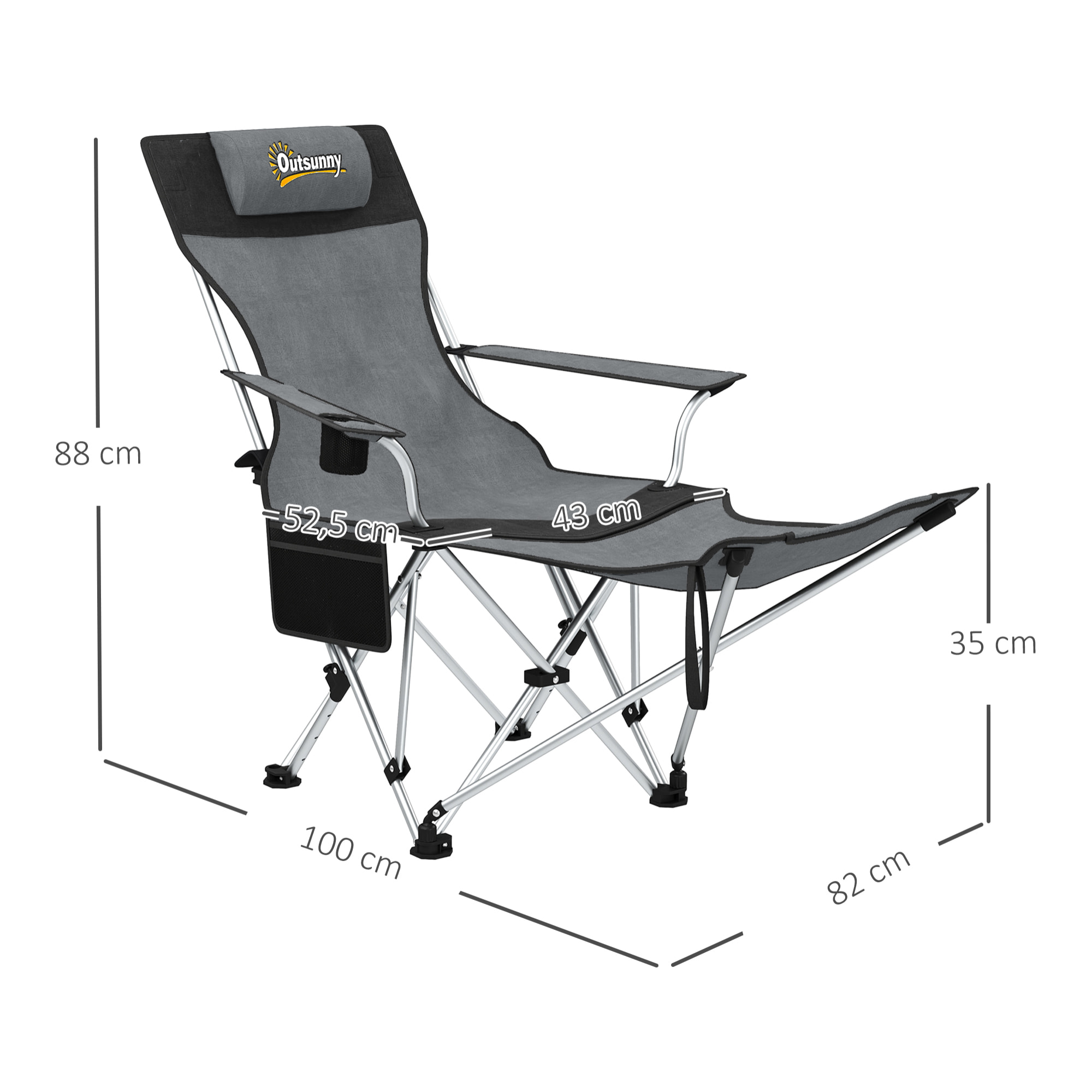 Conjunto de 2 Sillas Plegables Camping Tumbonas Camping Portátiles con Reposapiés Desmontable Reposacabezas Portavasos y Bolsa Lateral Carga 120 kg para Jardín Playa Pesca Gris y Negro