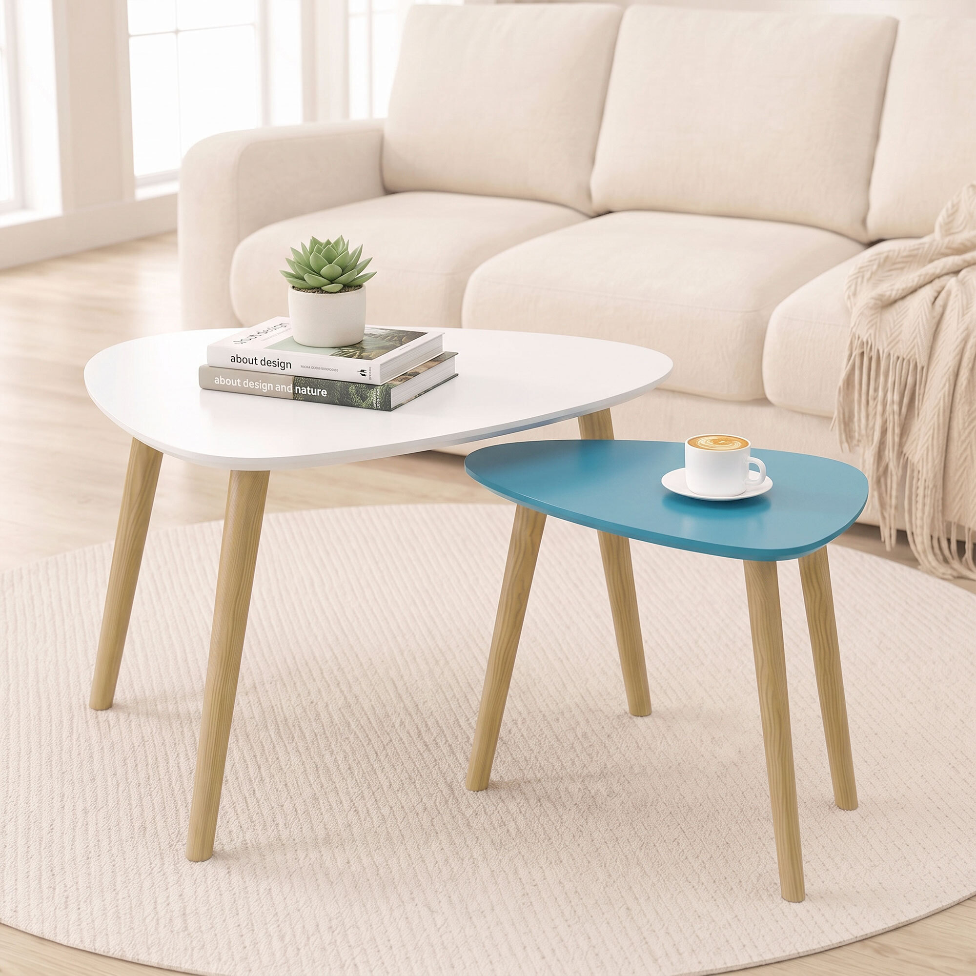 Lot de 2 tables basses gigognes design scandinave forme triangle de reuleaux bois MDF bleu blanc