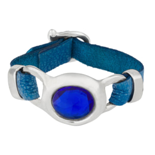 Pulsera Piel azul y plata piel y cristal en azul