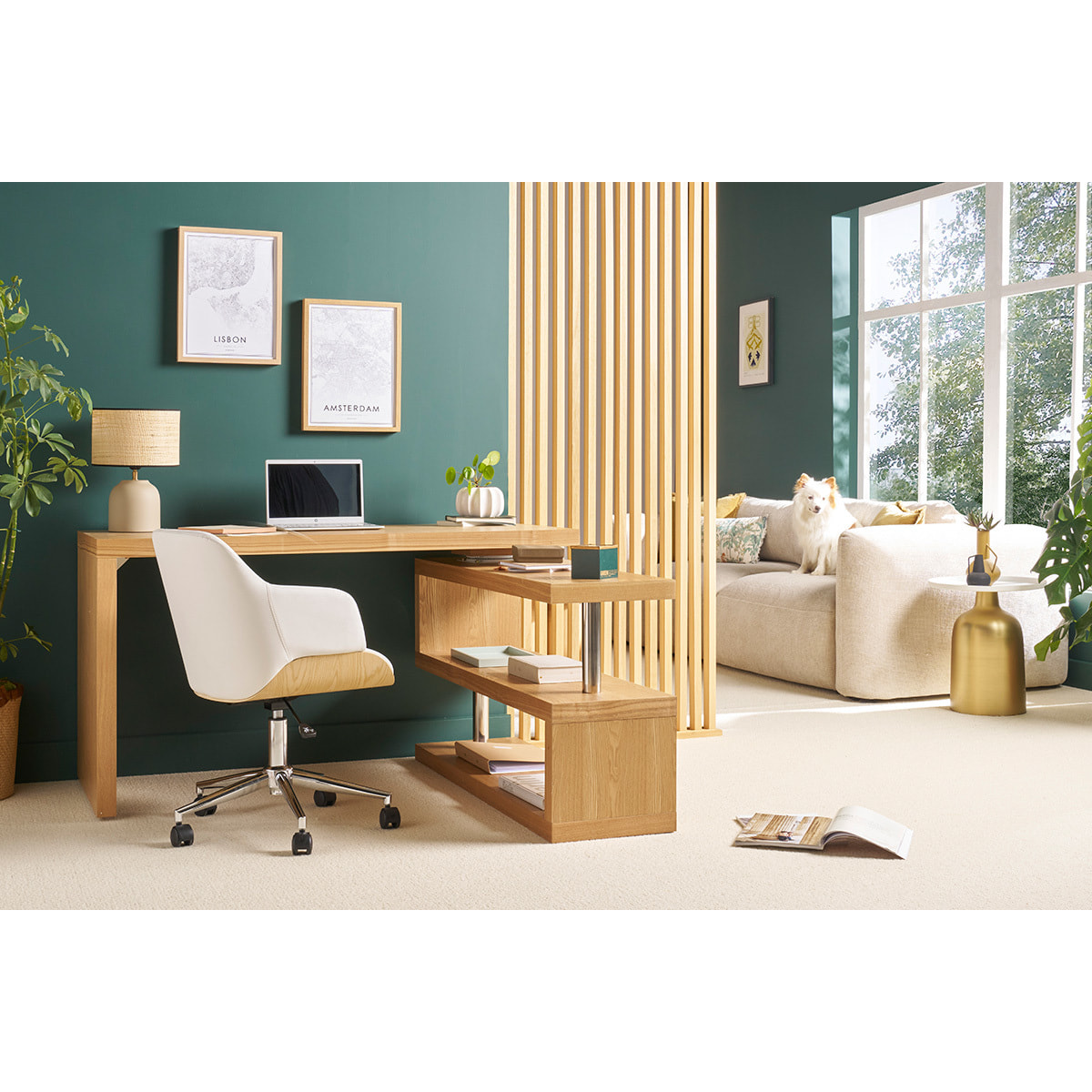 Chaise de bureau à roulettes design blanc, bois clair et acier chromé SANDRO