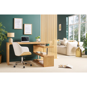 Chaise de bureau à roulettes design blanc, bois clair et acier chromé SANDRO