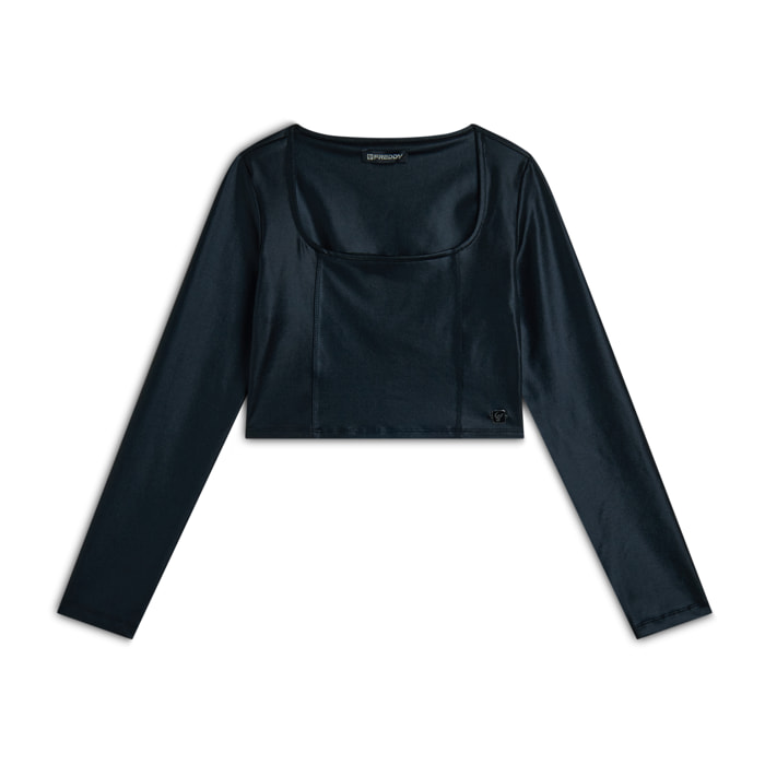 Maglia corta con scollo quadrato in tessuto effetto wet