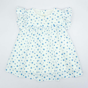 VESTIDO VOLANTE DE PLUMETI FLOR AZUL Y BLANCO