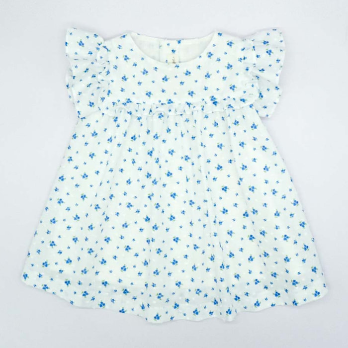 VESTIDO VOLANTE DE PLUMETI FLOR AZUL Y BLANCO