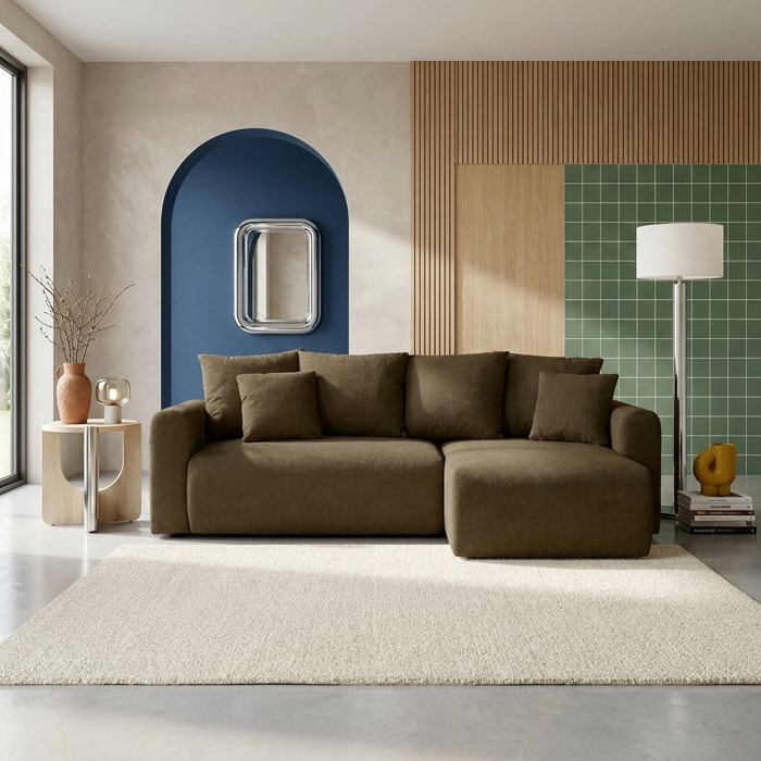 Canapé d'angle convertible réversible 3 places tissu chenille avec coffre ALMO