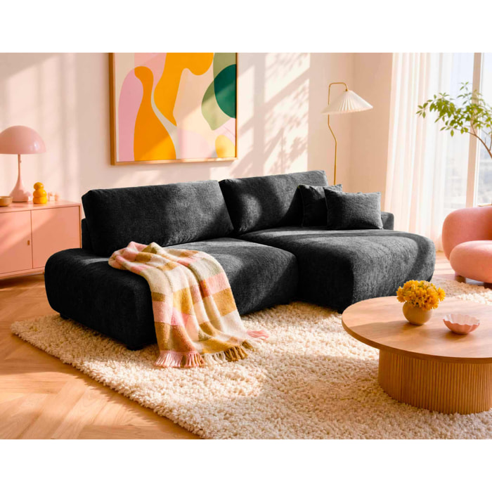 Pivoine - Canapé d'angle ouvert droit 4 places convertible avec coffre en tissu texturé - Noir