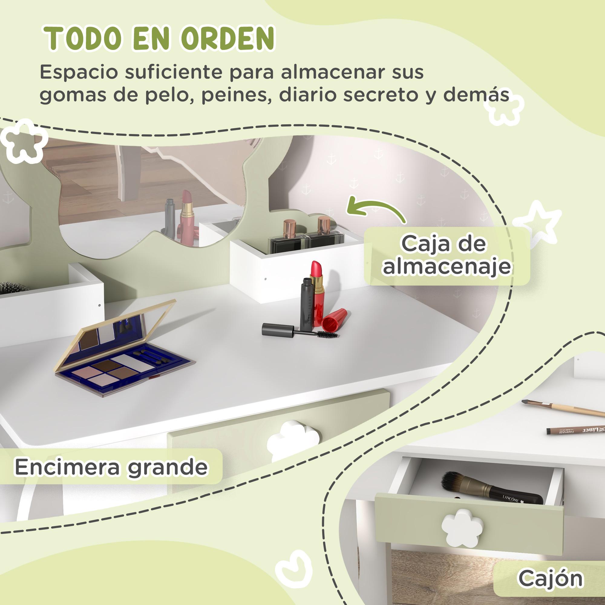 Tocador para Niñas con Espejo y Taburete Tocador de Maquillaje para Niñas de 3-6 Años con 2 Cajas y 1 Cajón 55x34x87,5 cm Blanco y Verde Pastel