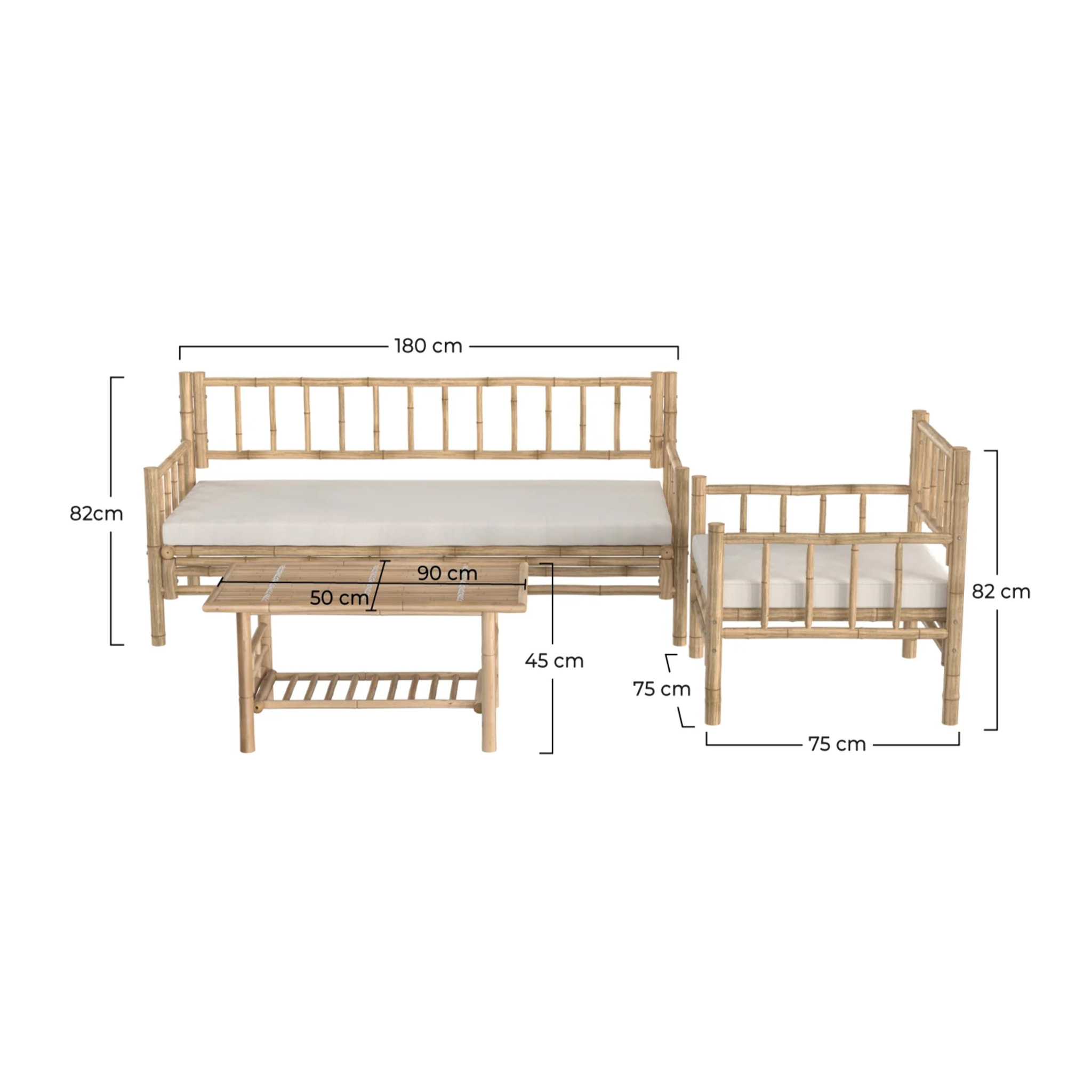 Salon de jardin en bambou avec canapé, fauteuil et table basse - Vadella
