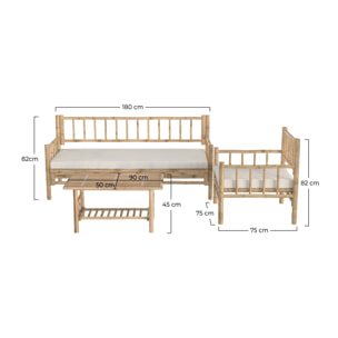 Salon de jardin en bambou avec canapé, fauteuil et table basse - Vadella