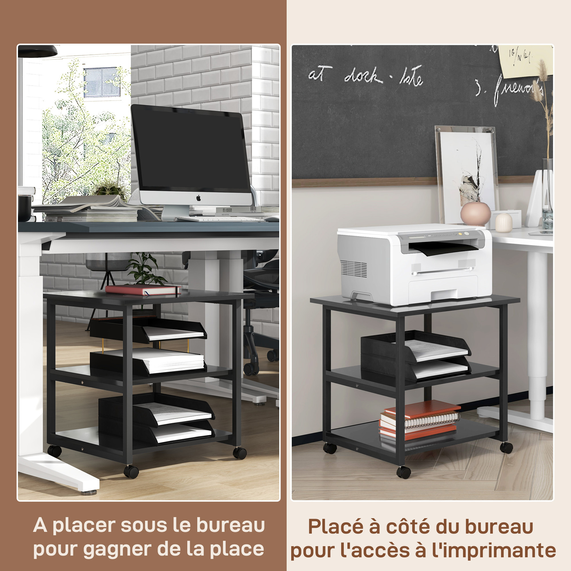 Support d'imprimante desserte de rangement 3 niveaux plateau 2 étagères acier panneaux noir