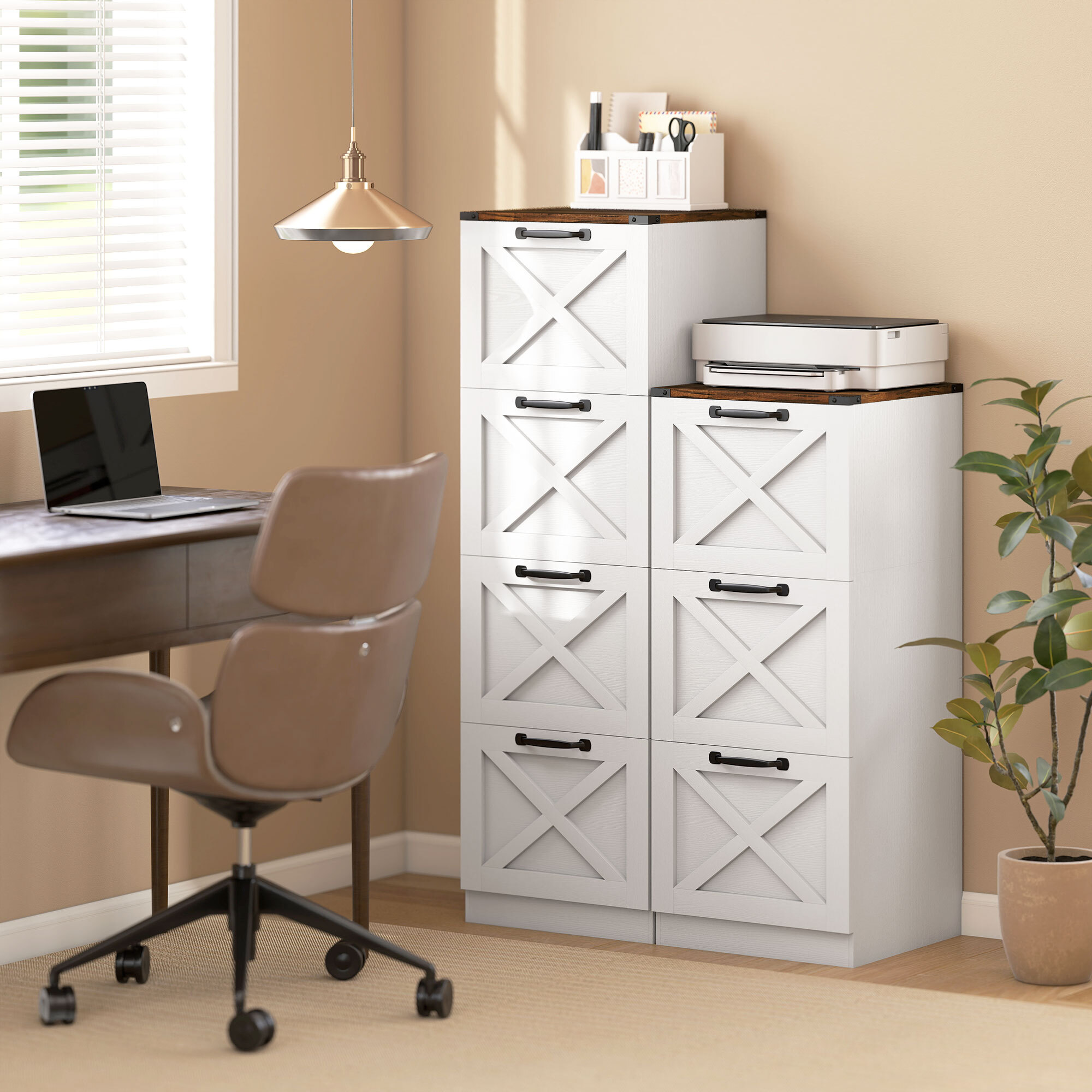 Cajonera Escritorio con 4 Cajones, Cajonera de Oficina, Mueble Archivador, Soporte para Impresora, con Riel Colgante para A4 y Carta, 40x40x131 cm, Blanco