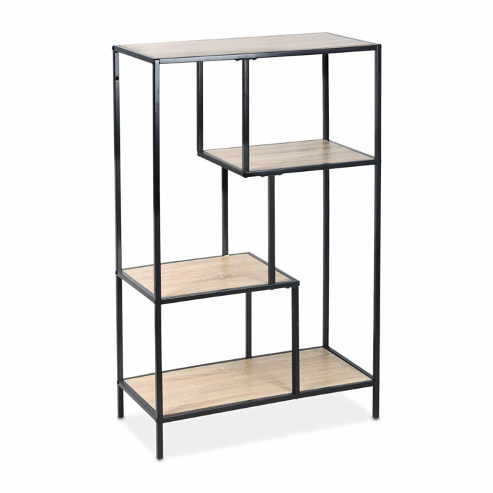Etagère en métal noir et décor bois - Loft - bibliothèque 4 niveaux. L 69 x l 33 x H 113.5cm