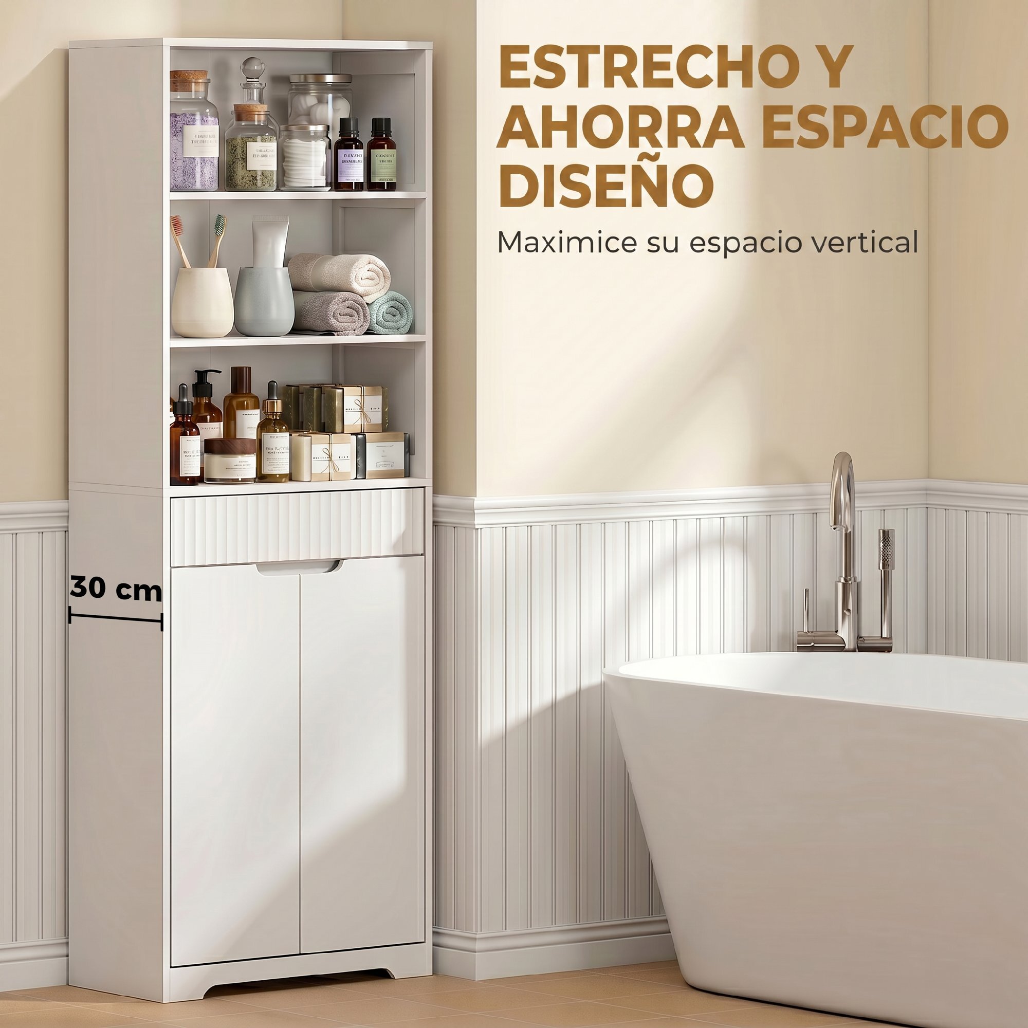 Armario Alto de Baño, Mueble de Baño Estrecho con 3 Estantes Abiertos, Cajón Acanalado, Estante Ajustable y Puertas de Cierre Suave, para Espacios Pequeños, 60x30x171 cm, Blanco