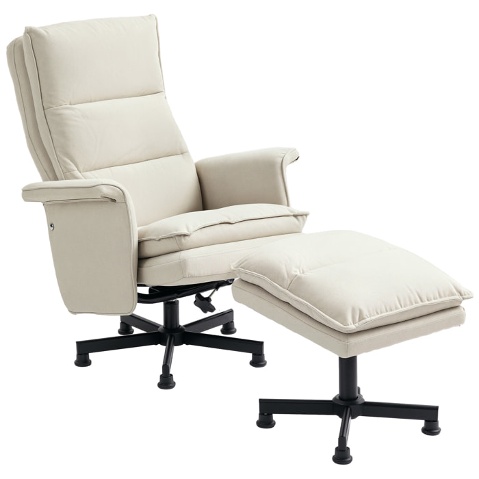 Fauteuil de massage avec repose-pied - style néo-rétro - châssis acier noir aspect lin beige