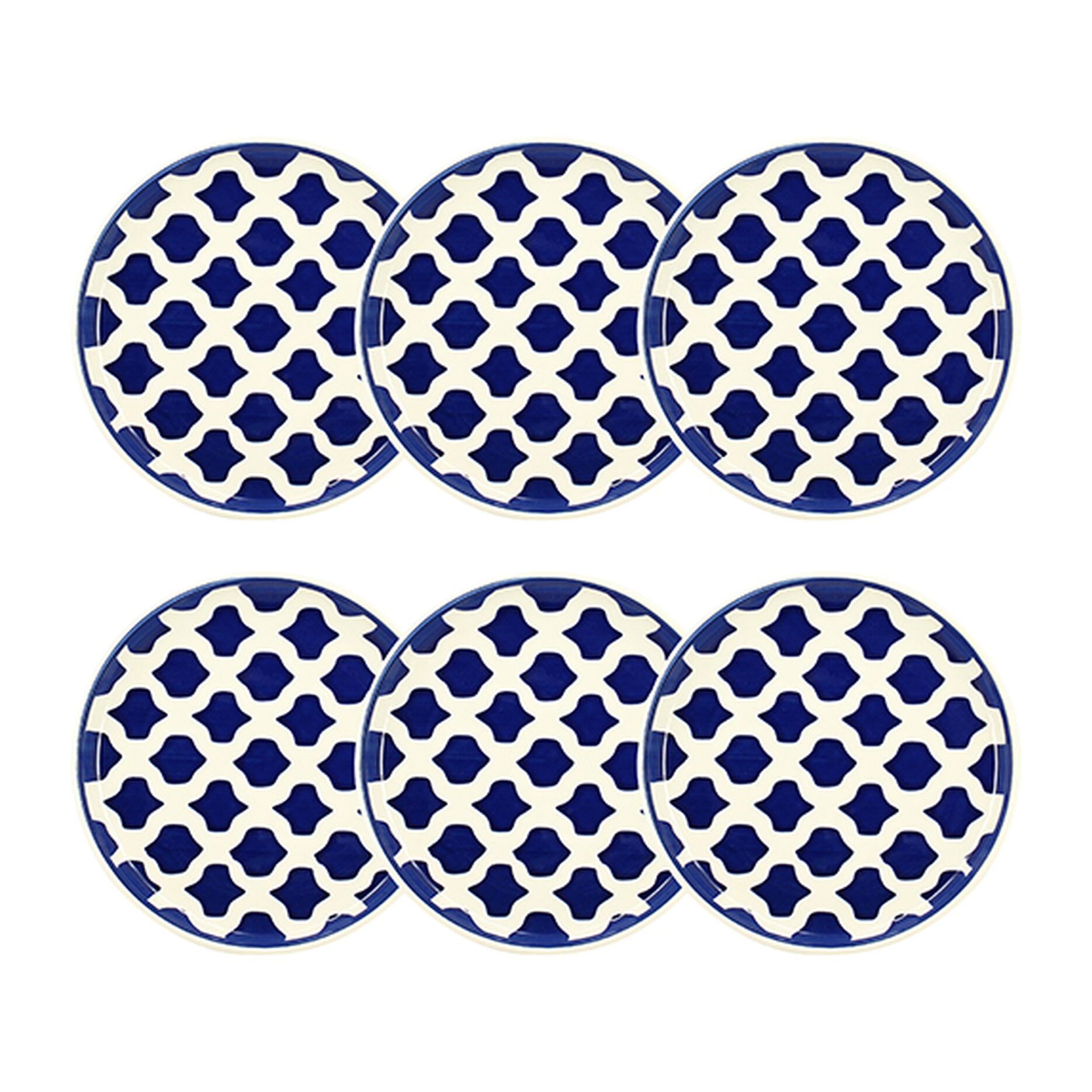 Lot de 6 assiettes à dessert 20cm en grès bleu et blanc  PALM BEACH