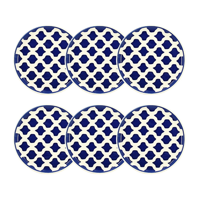 Lot de 6 assiettes à dessert 20cm en grès bleu et blanc  PALM BEACH