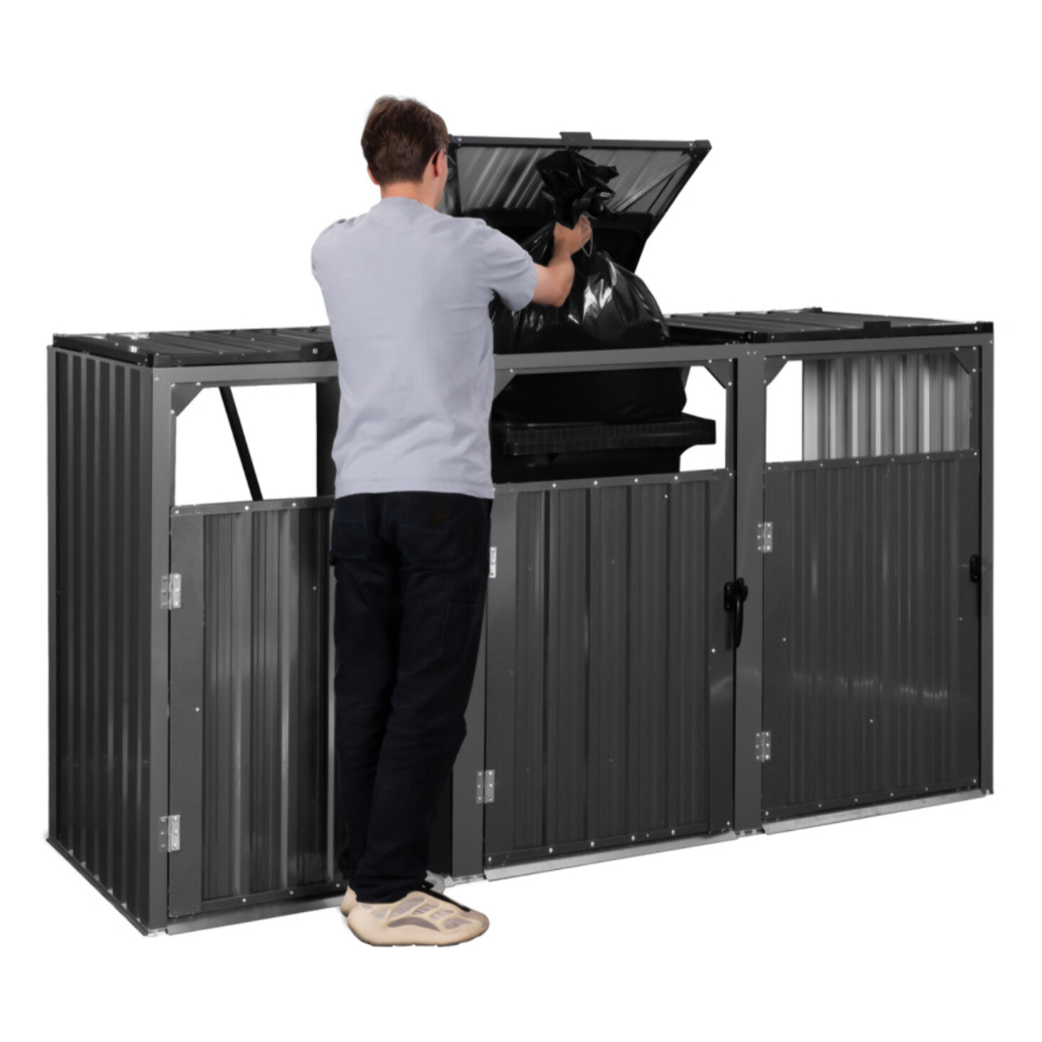 Cache poubelles triple en métal gris anthracite