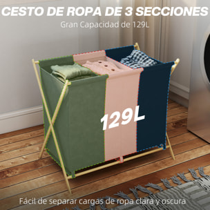 Cesto para Ropa Sucia Plegable con 3 Compartimentos Capacidad de 129L Cesta para la Colada con Estructura Forma de X de Bambú y Bolsas Extraíbles 75x48x67 cm Multicolor