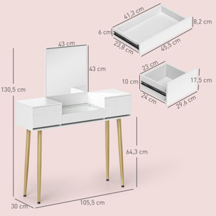 Tocador de Maquillaje con Espejo Tocador con Encimera de Vidrio Templado Visible 3 Cajones Mesa de Maquillaje Moderna para Dormitorio Blanco