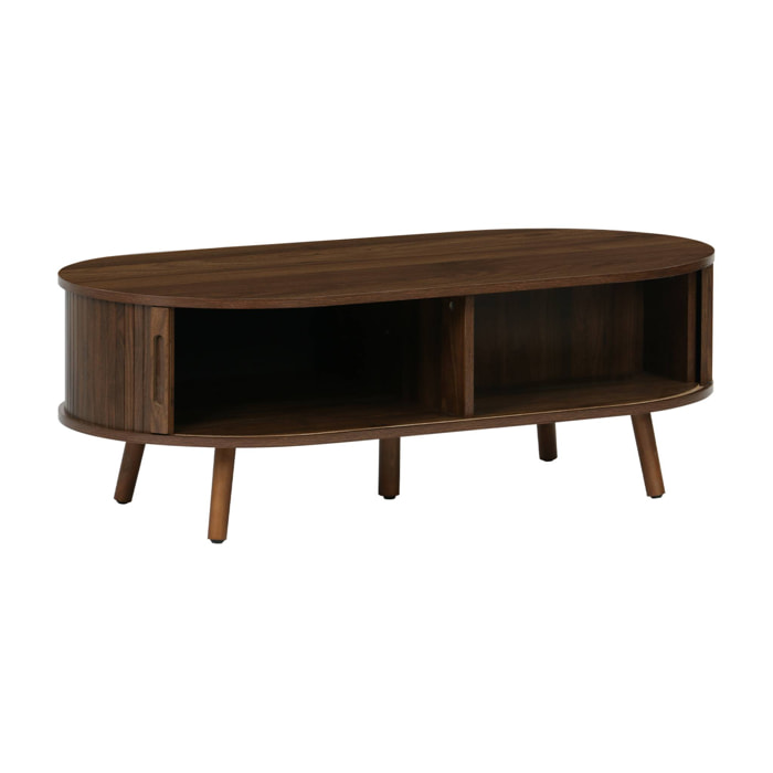 Table basse 2 portes coulissantes avec 3 compartiments effet bois rainuré noyer. L 110 x P 59 x H 39cm