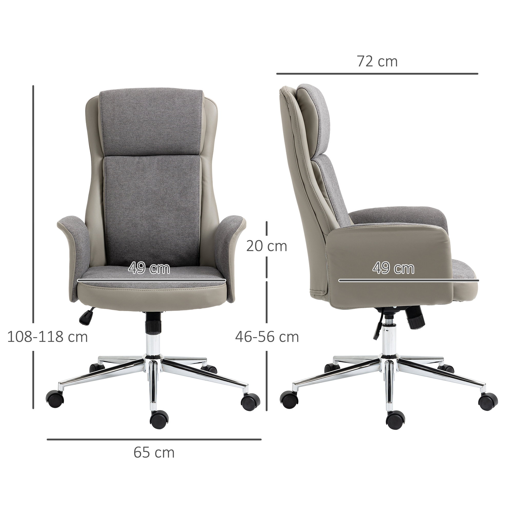 Silla de Escritorio Tapizado en PU Silla de Oficina Giratoria con Altura Ajustable y Respaldo Alto para Salón Dormitorio Estudio Carga 120 kg 65x72x108-118 cm Gris