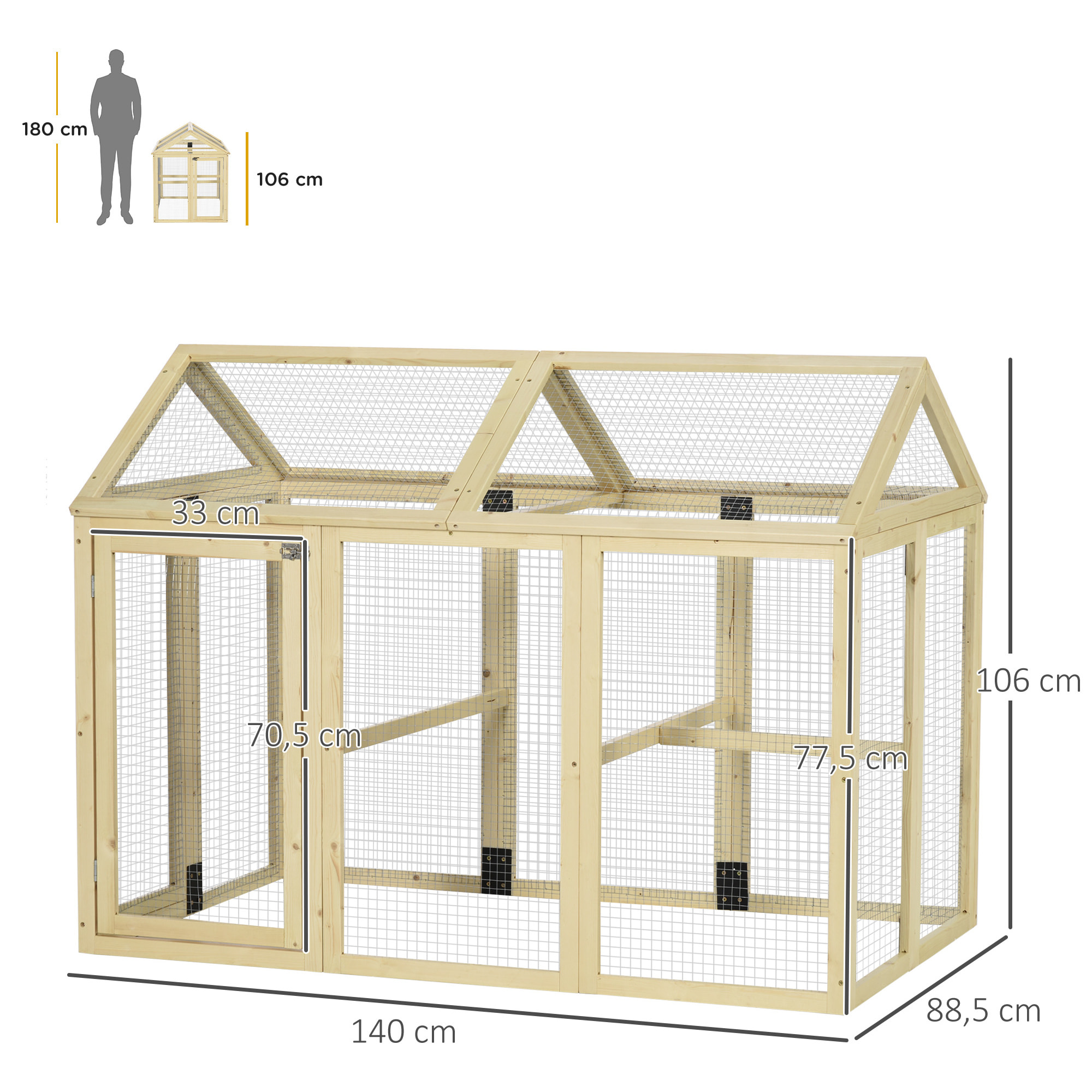 Enclos poulailler chenil 1,23 m² - parc grillagé dim 140L x 88,5l x 106H cm - 2 portes verrouillables - bois sapin