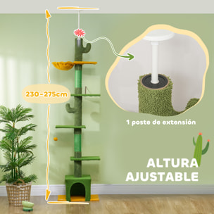 Árbol para Gatos de Suelo a Techo de 230-275 cm, Torre para Gatos con Altura Ajustable, Plataformas, Cueva, Hamaca, Postes de Sisal y Bola de Juguete, Verde
