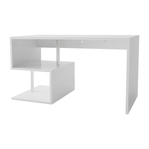 Scrivania moderna ad Esse per ufficio e studio con scaffale, Made in Italy, Tavolo da computer, Scrittoio porta PC, cm 140x60h78, colore Bianco lucido