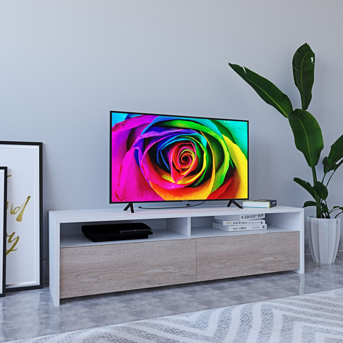 Mobile Porta TV Moderno Parete Attrezzata Con 2 Ante E 2 Vani A Giorno Mobiletto Salvaspazio Da Terra Per Televisione 130 x 40 x 35 Cm Bianco E Rovere