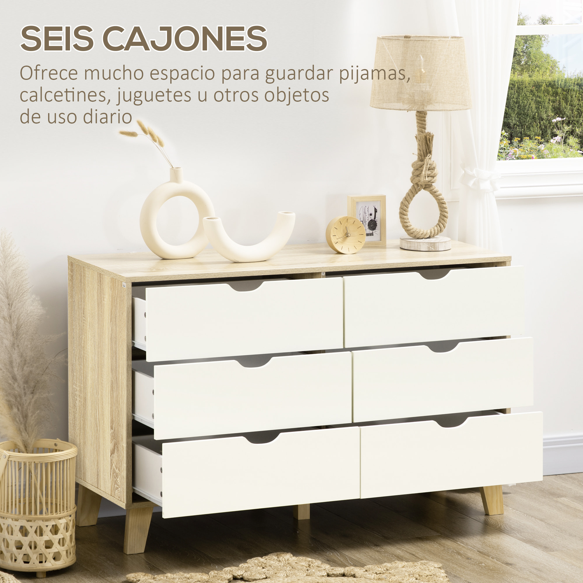 Cómoda con 6 Cajones Cajonera de Armario Mueble Organizador con Cajones para Cocina Dormitorio Salón Estudio Estilo Moderno Antivuelco 120x40x76 cm Natural y Blanco