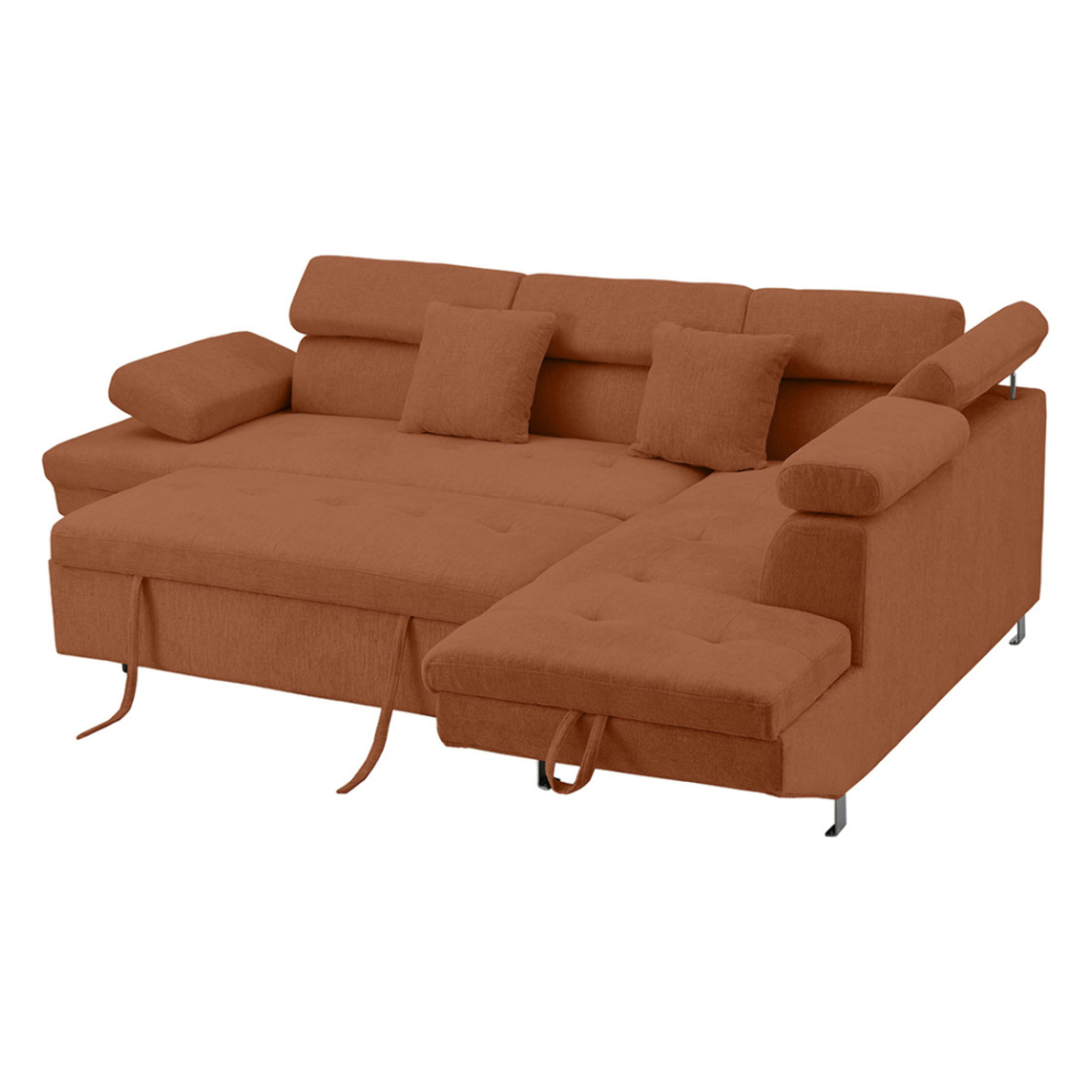 Margaux - Canapé d'angle droit 5 places convertible avec coffre et têtières réglables en velours texturé - Terracotta