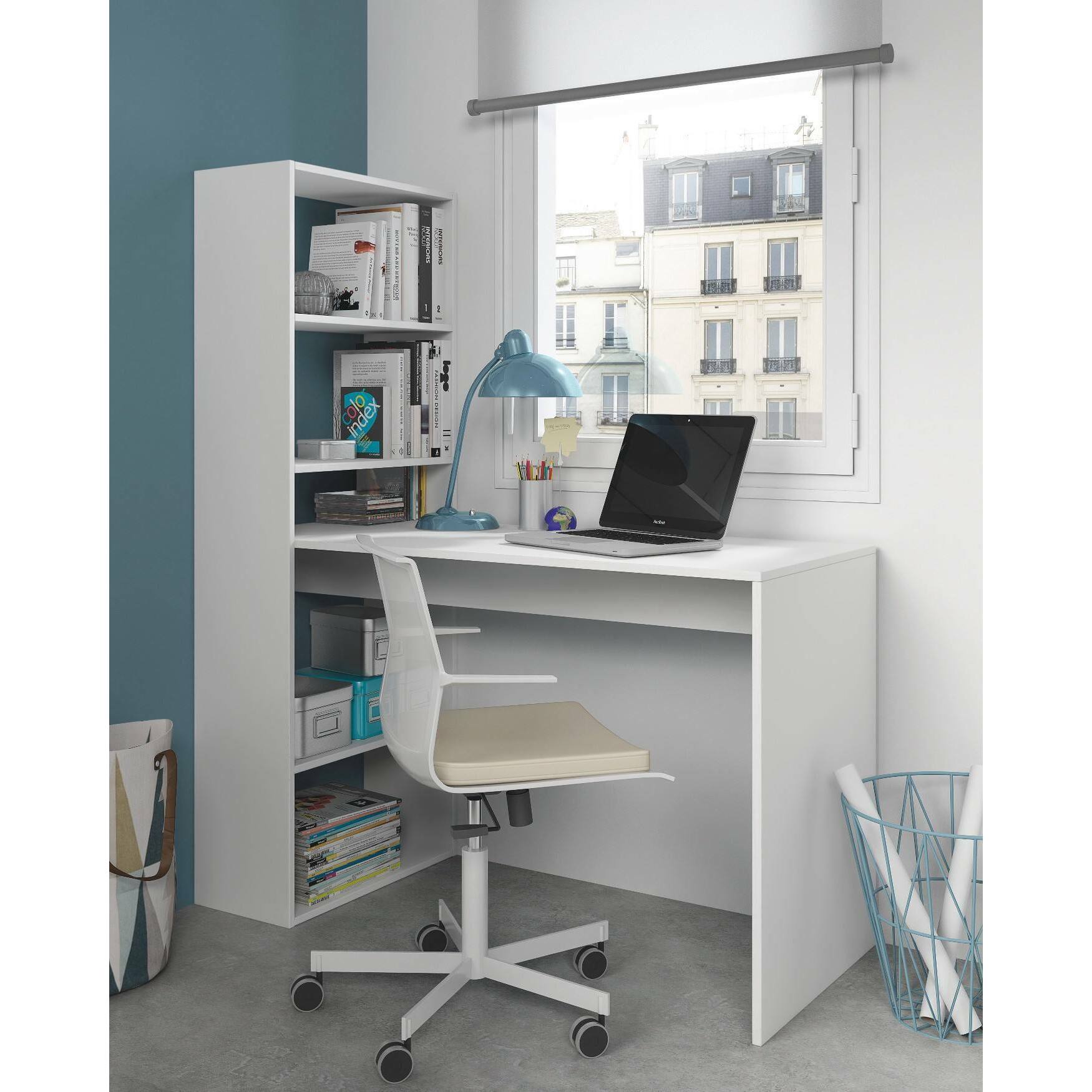 Scrivania Ali, Scrittoio multifunzione reversibile con libreria 5 ripiani, Tavolo da studio o ufficio porta PC portalibri, 120x53h144 cm, Bianco