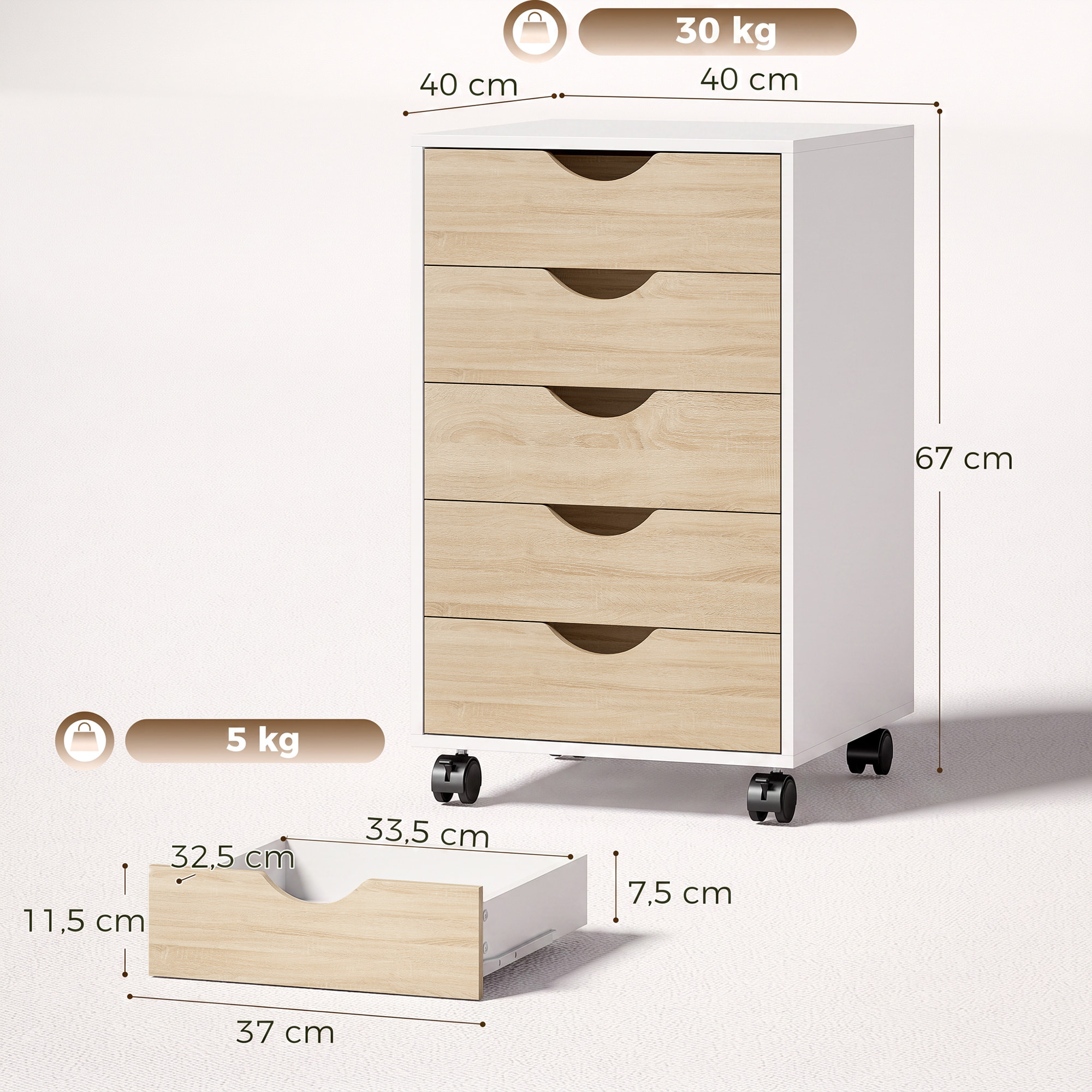 Cajonera Escritorio con Ruedas, Cajonera Oficina con 5 Cajones, Archivador Móvil, para Estudio, Salón, 40x40x67 cm, Blanco y Natural