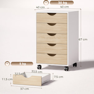Cajonera Escritorio con Ruedas, Cajonera Oficina con 5 Cajones, Archivador Móvil, para Estudio, Salón, 40x40x67 cm, Blanco y Natural