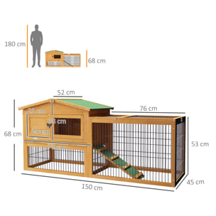 Clapier cage à lapins cottage - niche haute, rampe, enclos extérieur - plateau excrément, toit ouvrant, 2 portes verrouillables - bois naturel