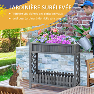 Jardinière sur pied potager avec étagère barrière - pans latéraux treillis - dim. 90L x 30l x 90H cm - bois sapin gris