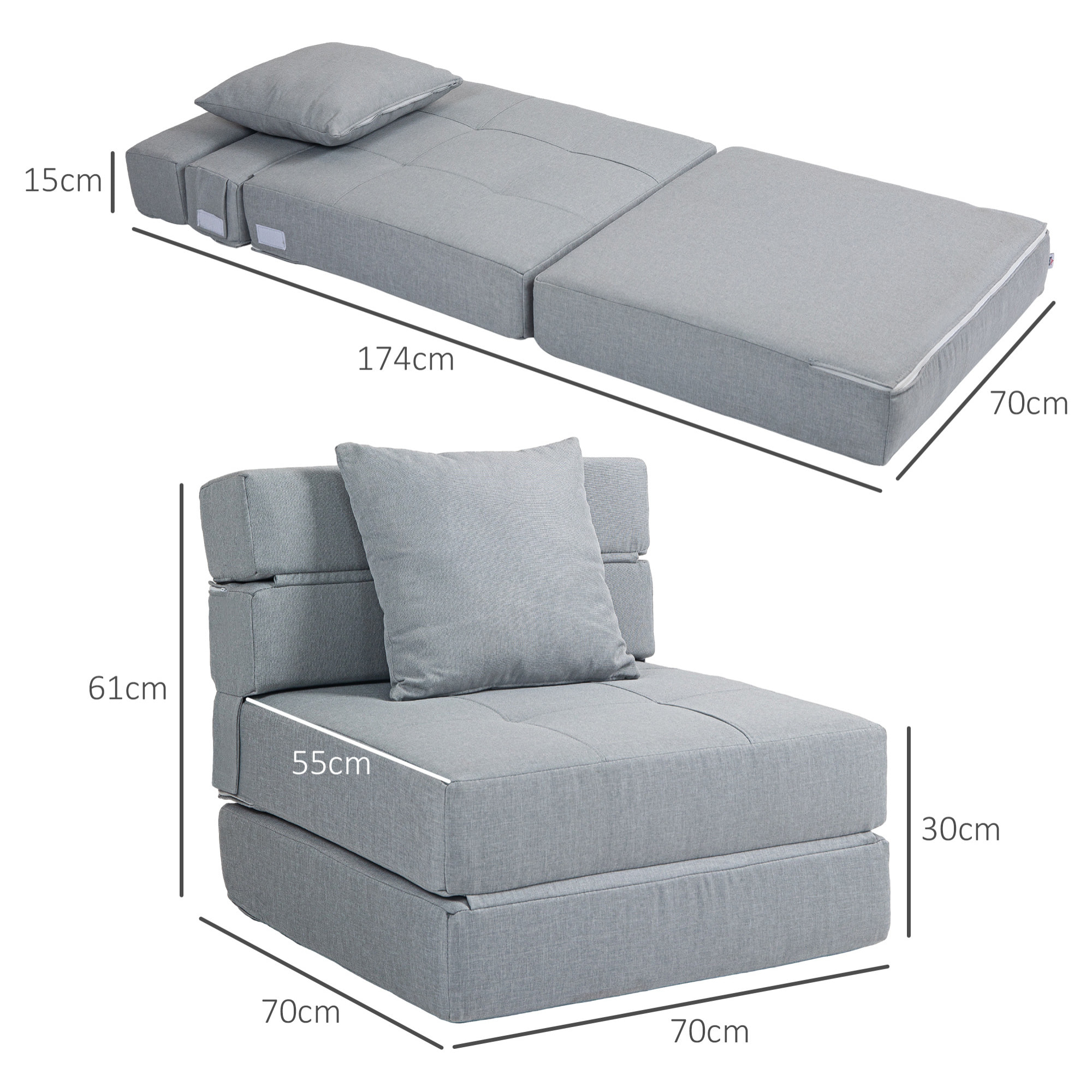 Chauffeuse canapé-lit convertible 1 place - coussin déhoussable inclus - tissu gris clair