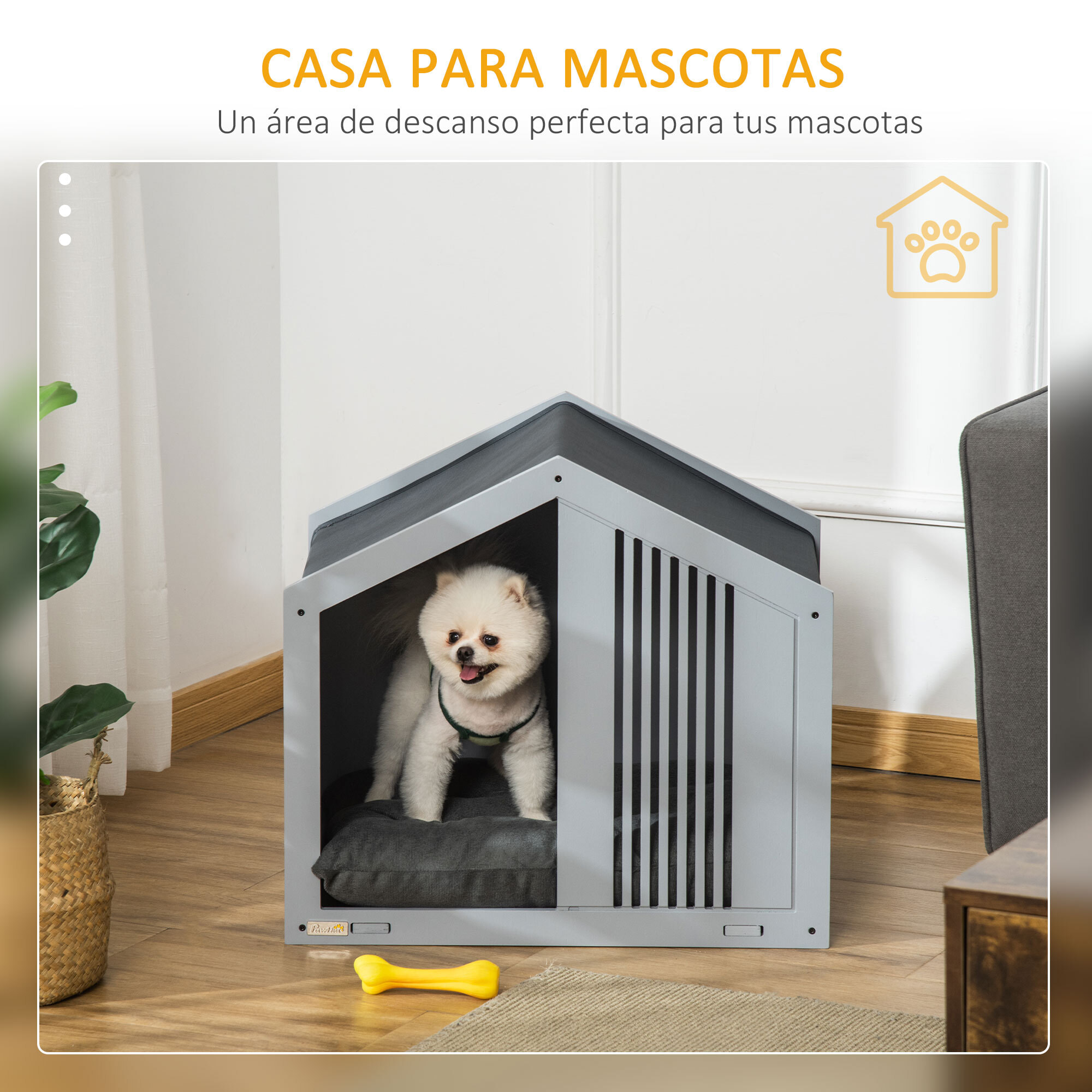 Caseta Madera para Perros Interior con Cojín Acolchado Ventilaciones 60x43x55 cm