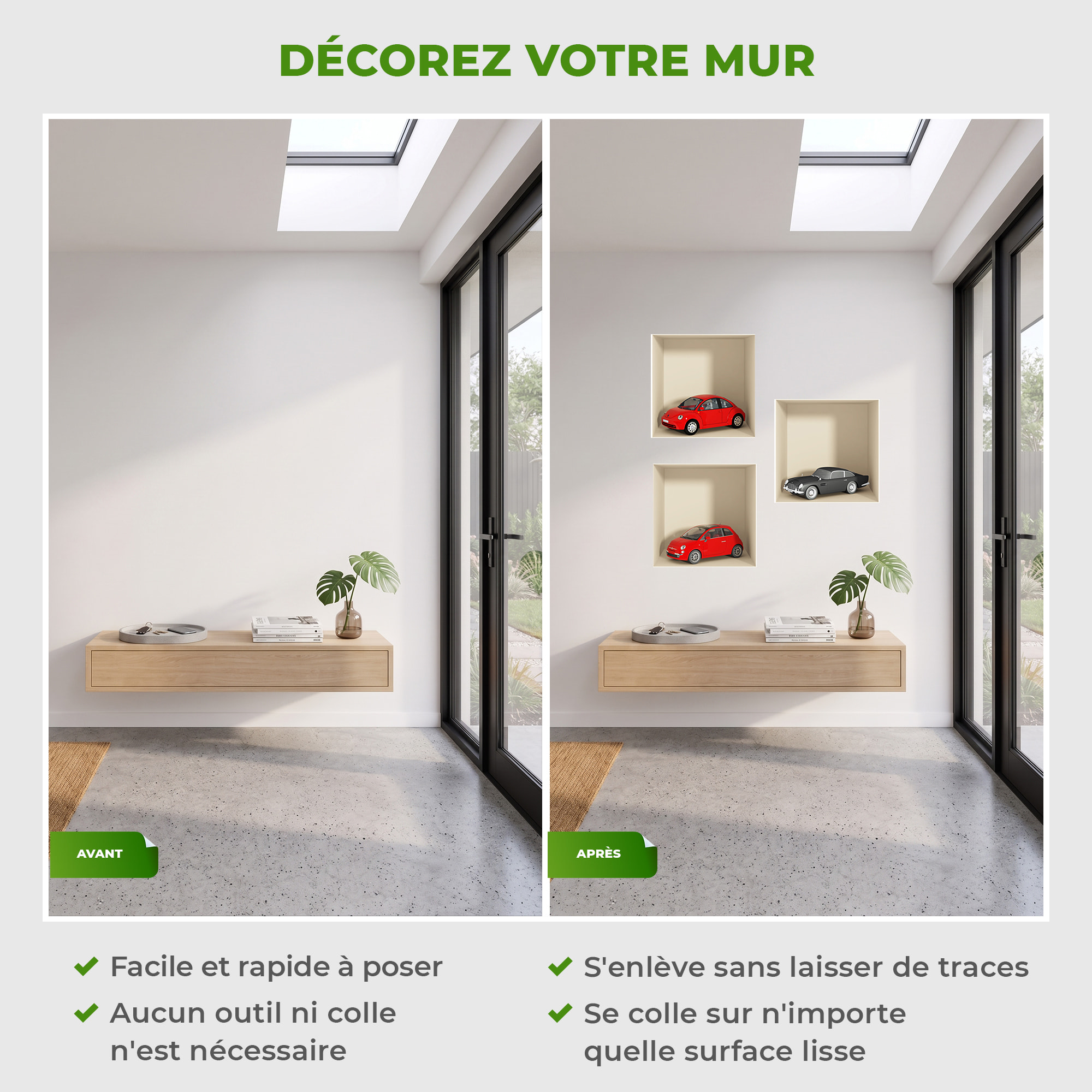 Stickers muraux 3D | Sticker Mural Autocollant effet 3D voitures - Stickers adhésifs 3D Chambre Salon Trompe l'oeil