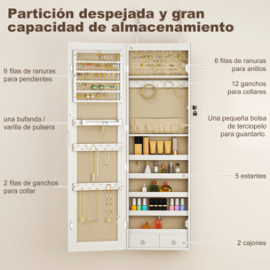 Espejo Joyero con Luz LED, Armario Joyero Montado en la Pared o en la Puerta, Armario para Joyas con Cerradura, Espejo Entero, Blanco