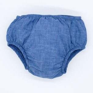 Cubrepañal de chambrai azul. Elastico en la cintura y en las piernas.