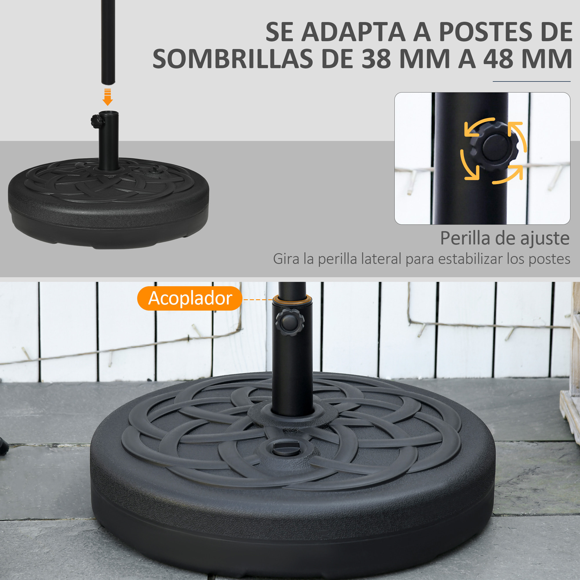 Base de Sombrilla de PE Redonda 2,5 kg Apto para Postes de 38mm/48mm Ø56x30,5 cm